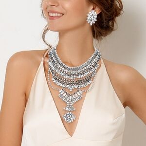 Burnished Silver Rhinestone Cluster Embellished Bib Statement Necklace Set